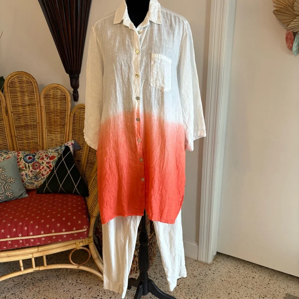 BOGNAR BLU Designer. Linen Ombré White Peach Tunic Top or Dress! 3/4 Sleeves! XL - Picture 2 of 11